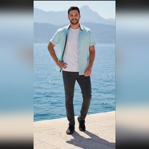 Galaxy By Harvic Sky Blue and Charcoal Men's Button Down Shirt